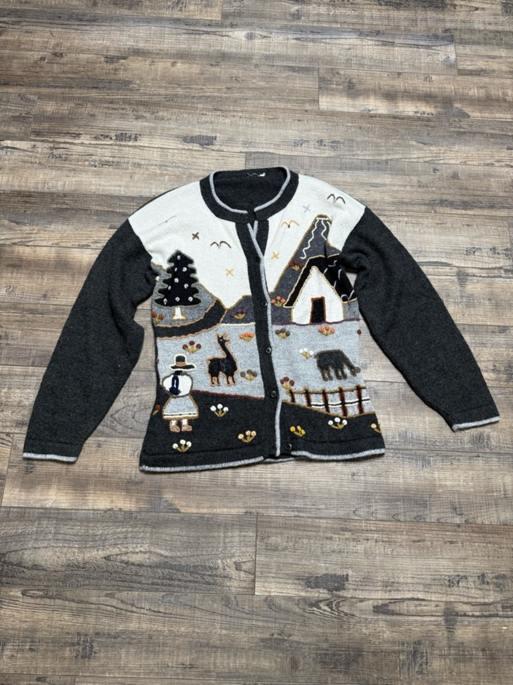Black & Gray Folk Art Cardigan with Country Scene
